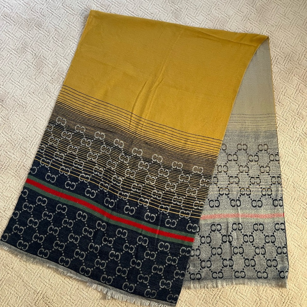 Gucci Mustard and Navy Logo Scarf